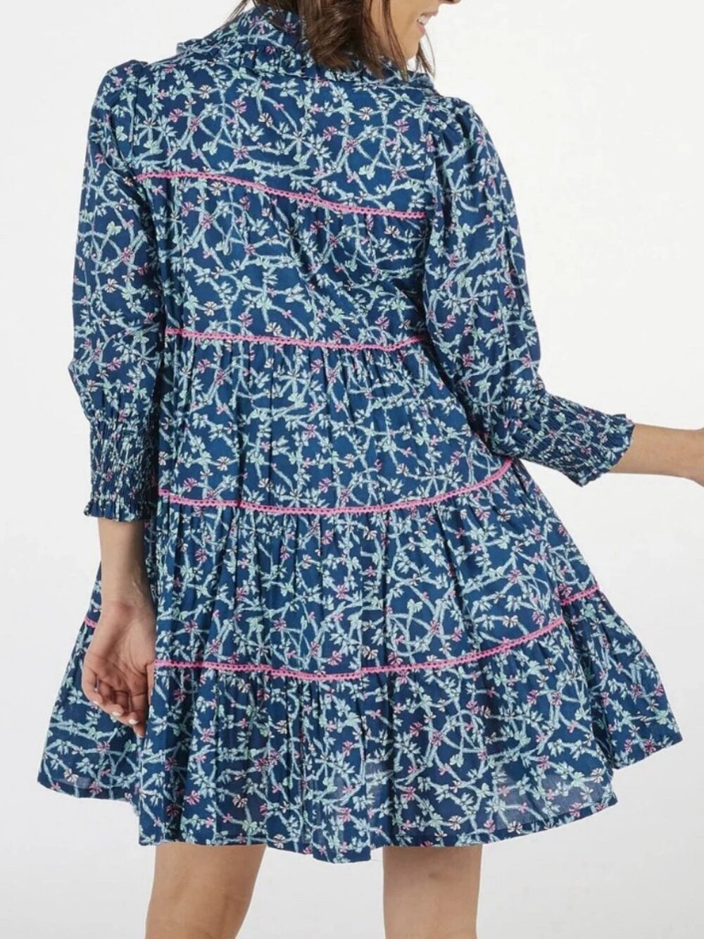 Simply Southern Floral Tiered Mini Dress Smocked Cuffs Button Front NWT Large - Picture 2 of 4